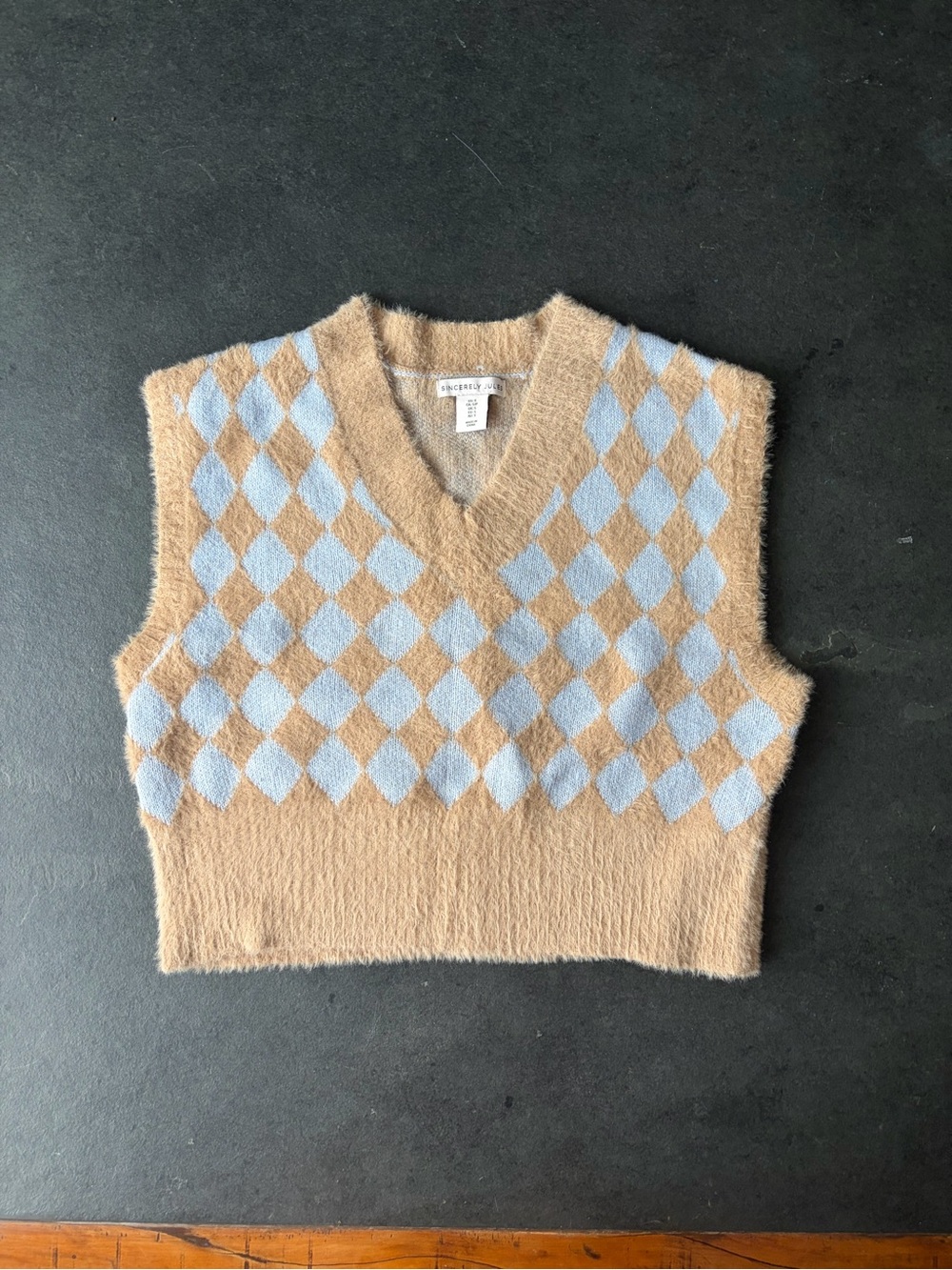Fuzzy slightly cropped blue and khaki sweater vest